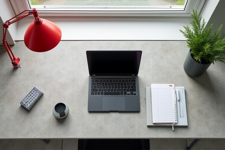 Minimalistischer Arbeitsplatz mit Fokus auf Technologie und Effizienz