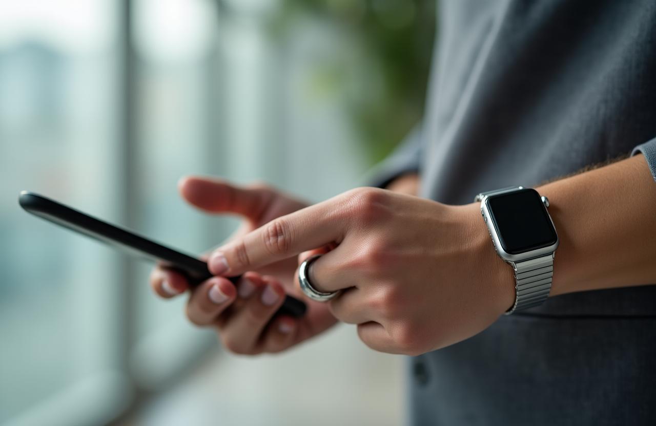 Nahaufnahme eines modernen Smart-Rings und einer Smartwatch in einem minimalistischen Setting